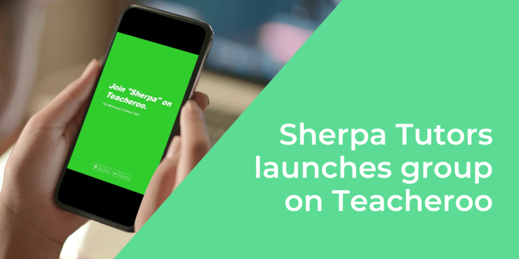 View of a mobile phone screen featuring Sherpa Tutors group on Teacheroo app